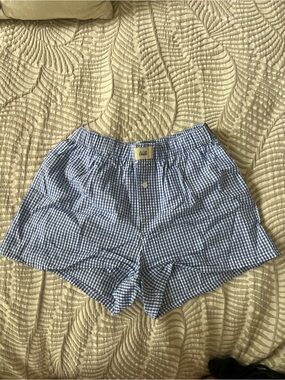 Blue Gingham Athletic Shorts with Elastic Waist